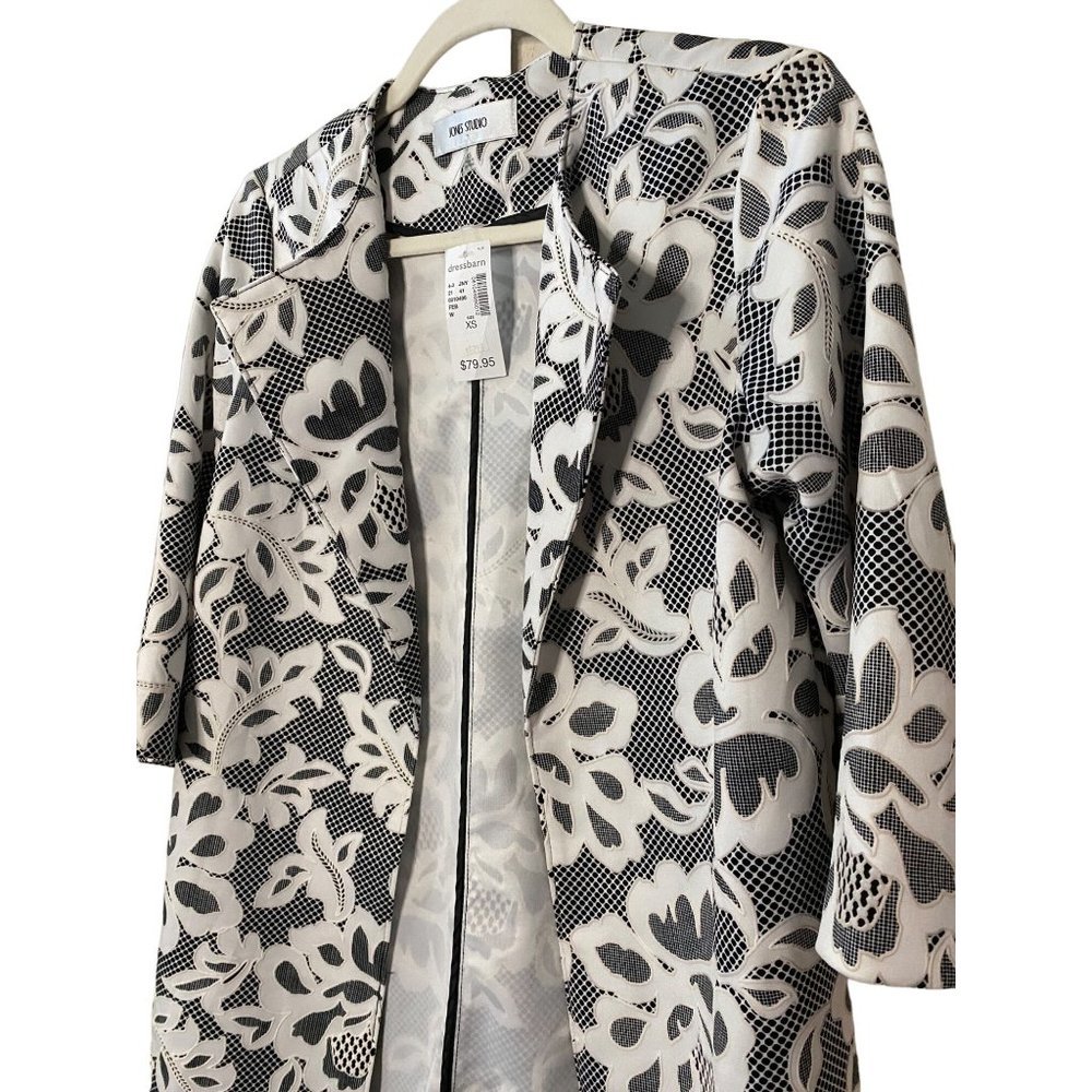 New Jones Studio Black White Floral Mid Length‎ Embroidered Blazer Jacket Sz XS - Picture 2 of 10